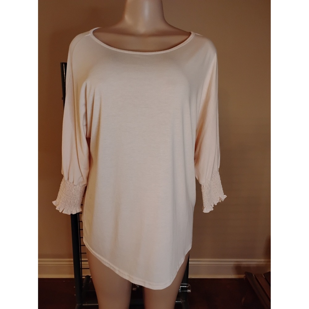 Fashion Women Peach Smocked Cuff Dolman Sleeve Tunic Top Large Soft Knit Blouse